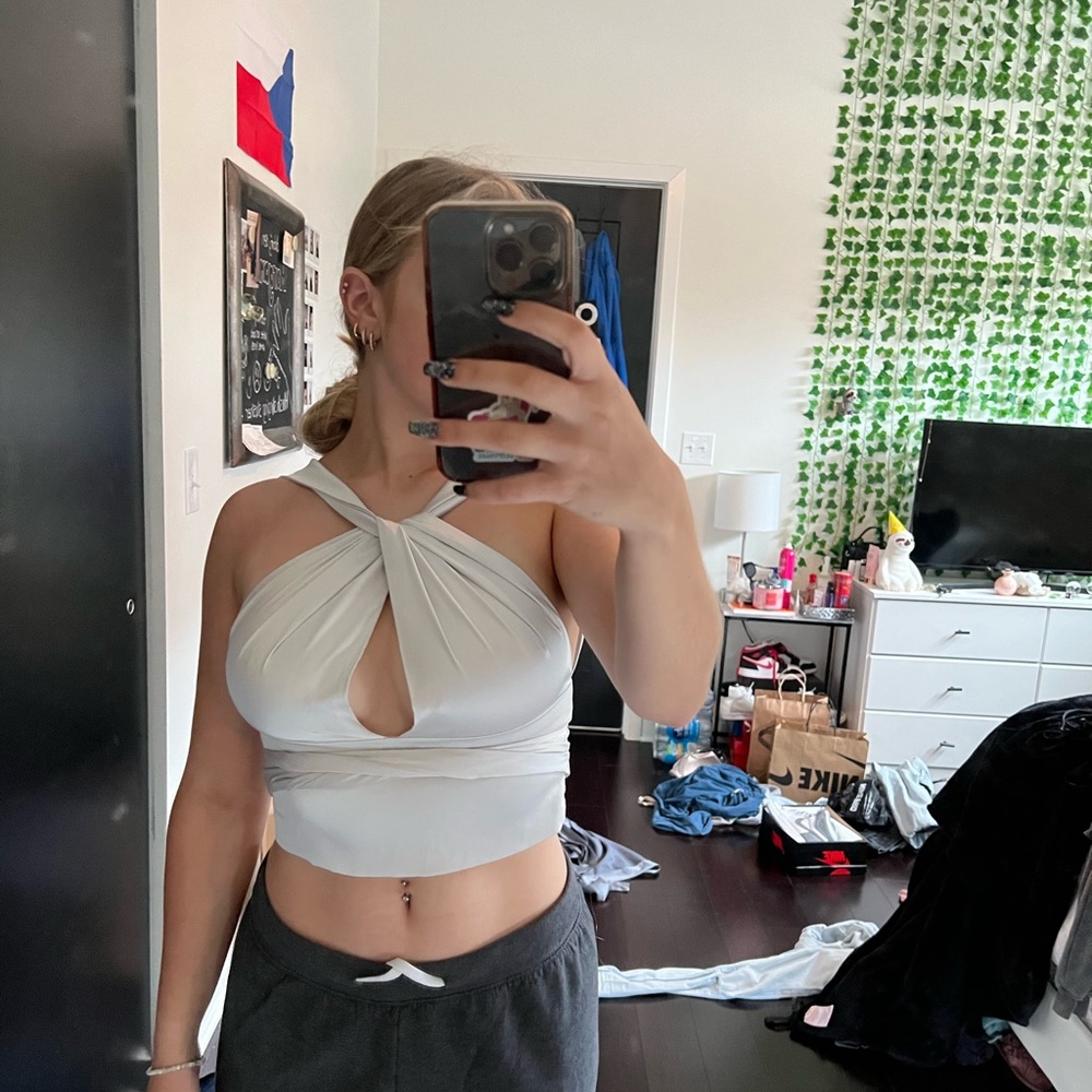 Silvery blue silky Akira top
